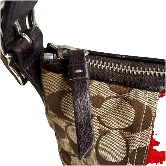 Coach Hampton Signature Jacquard Shoulder Bag Brown Red Suede Stripe Y2K Vintage - Picture 14 of 16